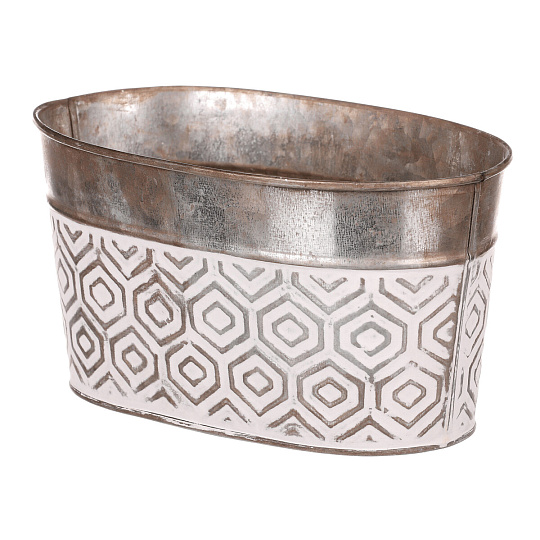 Obal kovový - oválný truhlík, s ornamenty, bílo-měděný Obal kovový - oválný truhlík, s ornamenty, bílo-měděný