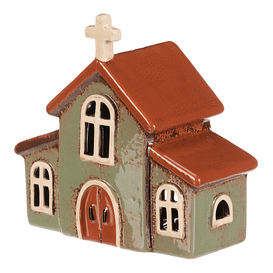 Domeček keramický - kostelík, na čajovou svíčku, zelený Domeček keramický - kostelík, na čajovou svíčku, zelený