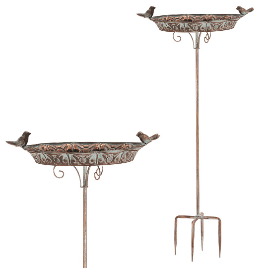 Krmítko/pítko - kovový zápich, 88 cm, s ptáčky, barva měděná