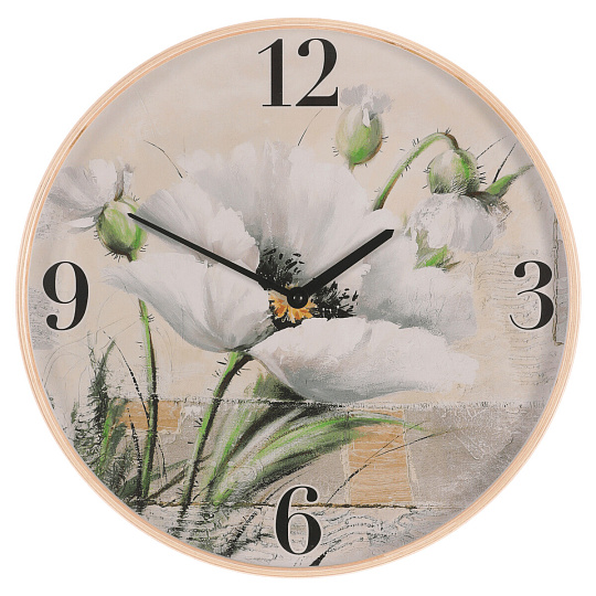 Hodiny nástěnné - pr. 40 cm, MDF a dřevený rám, kvetoucí mák Hodiny nástěnné - pr. 40 cm, MDF a dřevený rám, kvetoucí mák