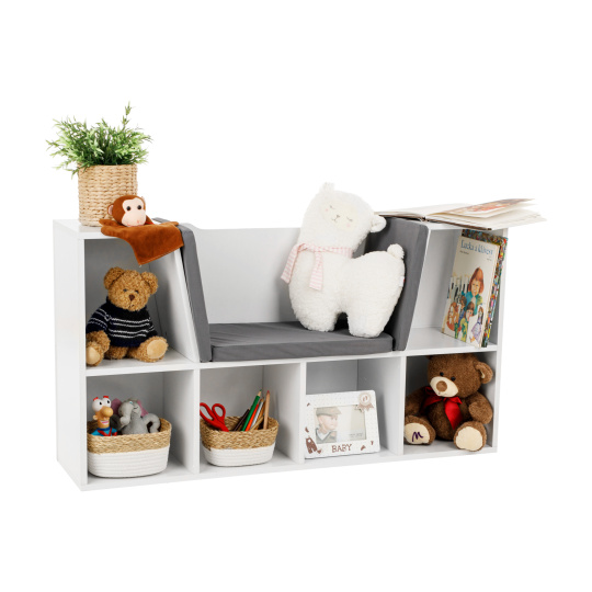 Dětská knihovna s místem k sezení, bílá/šedá, FERIA Dětská knihovna s místem k sezení, bílá/šedá, FERIA