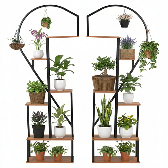 Kovový stojan na květiny, set 2 ks, černá/dub, AMADIS