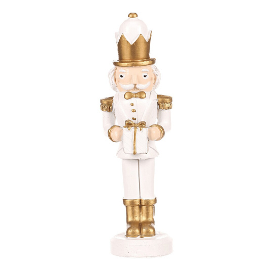 Voják s dárkem - figurka na postavení, polyresin, barva bílo-zlatá