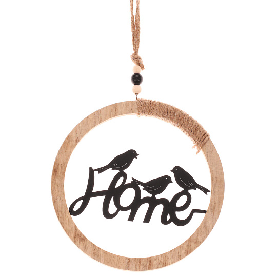 Kruh závěsný - ptáčci a nápis "HOME", dekorace z kovu a dřeva