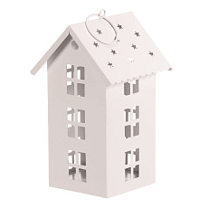 Lucerna mini - kovová, LED svíčka, patrový domek, bílá