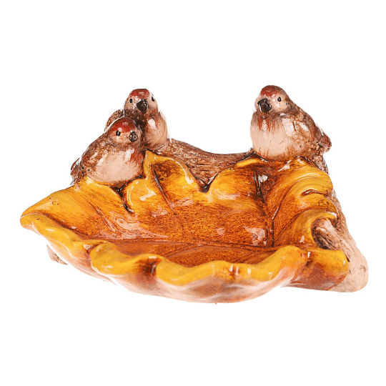 Krmítko/pítko - keramické, list s ptáčky, barva žluto-hnědá Krmítko/pítko - keramické, list s ptáčky, barva žluto-hnědá