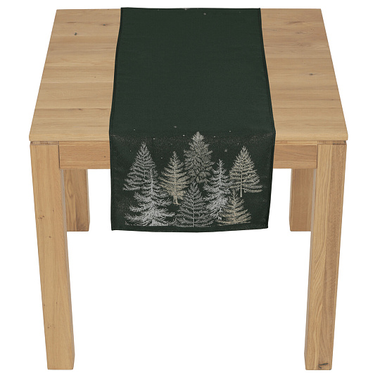 Ubrus - běhoun, zasněžené stromy, zelený, 100% polyester, 40 x 140 cm Ubrus - běhoun, zasněžené stromy, zelený, 100% polyester, 40 x 140 cm