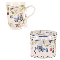 Hrneček v dárkové dóze - porcelán, bílý s lesními plody