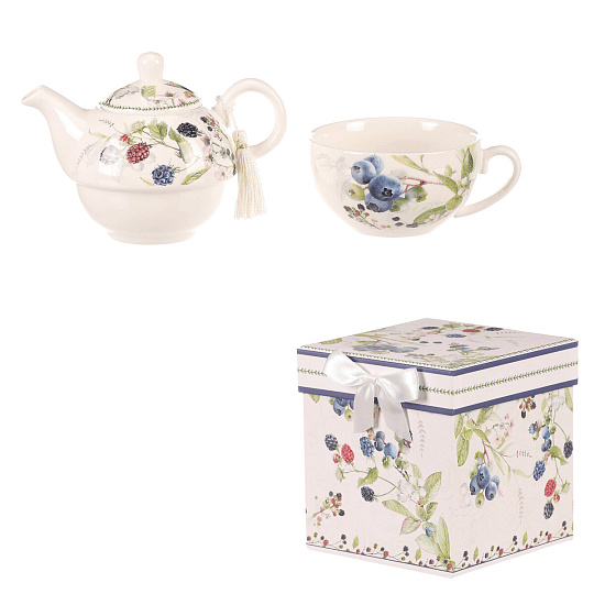 Konvička se šálkem - dárkový set v krabičce, porcelán, bílý s lesními plody Konvička se šálkem - dárkový set v krabičce, porcelán, bílý s lesními plody