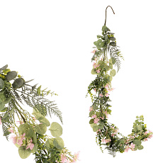Girlanda umělá - 150 cm, zeleň a růžové květy