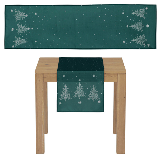 Ubrus - běhoun, motiv se stromky, 100% polyester, 40 x 150 cm, zelený Ubrus - běhoun, motiv se stromky, 100% polyester, 40 x 150 cm, zelený