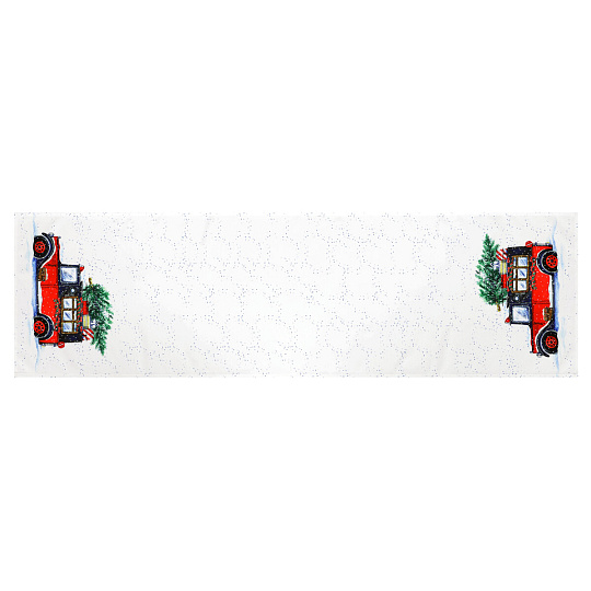 Běhoun bílý - okraje s vánočním autem, 100% polyester, 40 x 150 cm