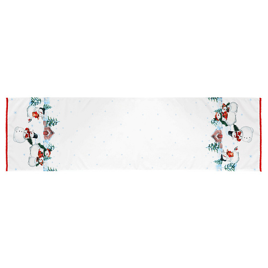Běhoun bílý - se sněhuláky na okrajích, 100% polyester, 40 x 150 cm