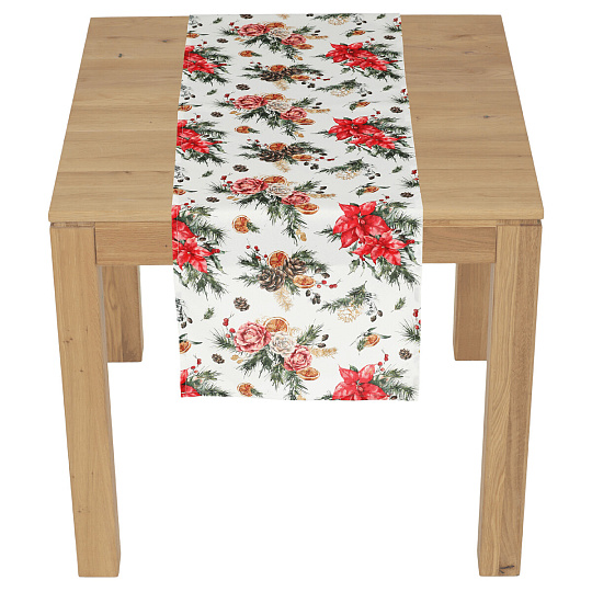 Běhoun - vánoční květy a jehličí, 100% polyester, 40 x 150 cm