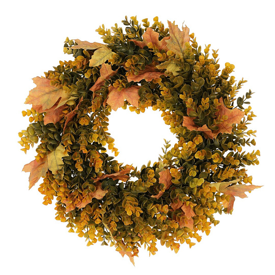 Věnec umělý - pr 40 cm, eukalyptus a javorové listy, oranžovo-zelený