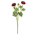 Ranunculus - umělý řezaný, 2 květy a poupě, tmavě červený