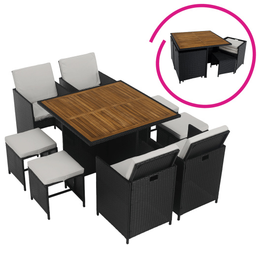 Zahradní ratanový set, akáciové dřevo, černá/krémová/přírodní, MELFORD Zahradní ratanový set, akáciové dřevo, černá/krémová/přírodní, MELFORD