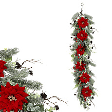 Girlanda - 105 cm, vánoční růže, jehličí, šišky a zeleň