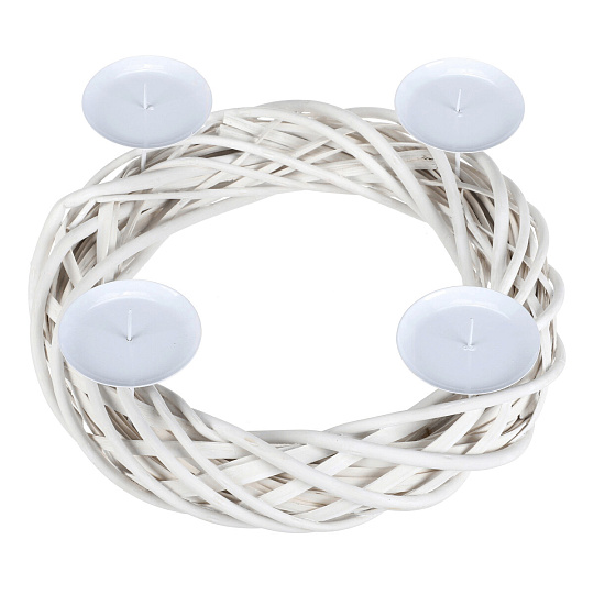 Svícen adventní - proutěný věnec, kovové bodce, bílý Svícen adventní - proutěný věnec, kovové bodce, bílý