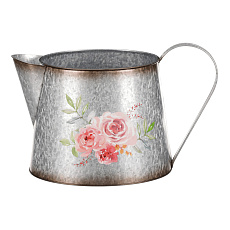 Kovový obal na květiny, tvar konve. Design s růžemi. Kovový obal na květiny, tvar konve. Design s růžemi.