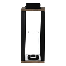 Lucerna se sklíčkem uvnitř - kov a MDF, vel L, černo-dřevěná