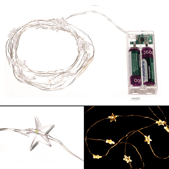 Řetěz s LED světýlky - časovač, hvězdičky, teplá žlutá barva, 2 m/20 LED