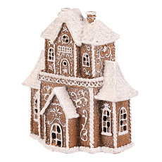 Domeček perníkový - polyresin, LED osvětl., hnědý s bílým zdobením