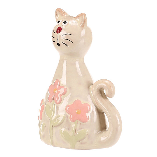 Kočka - keramická figurka, dekor květin, vel. S, žluto-zelená