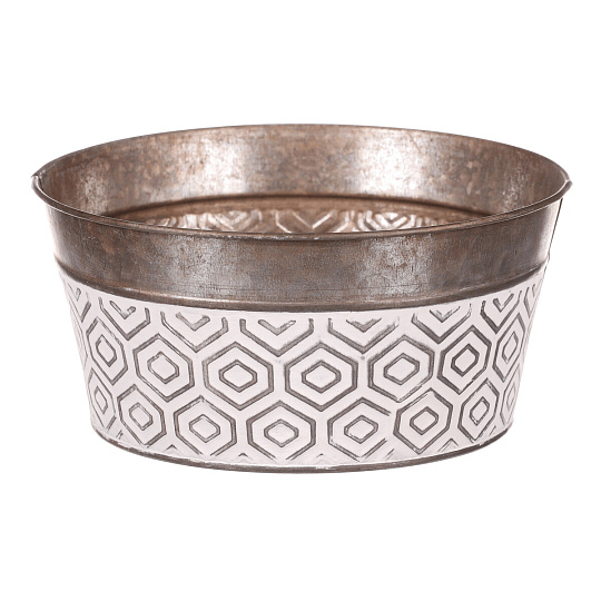 Obal kovový - kulatý, nízký, s ornamenty, bílo-měděný Obal kovový - kulatý, nízký, s ornamenty, bílo-měděný