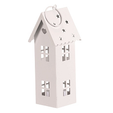 Lucerna mini - kovová, LED svíčka, patrový domek, bílá