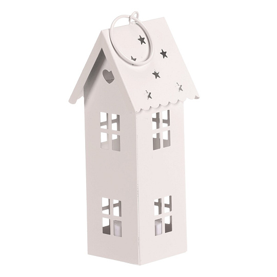 Lucerna mini - kovová, LED svíčka, patrový domek, bílá