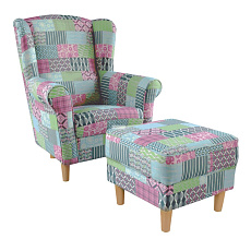 Křeslo ušák s taburetem, látka patchwork M1, ASTRID Křeslo ušák s taburetem, látka patchwork M1, ASTRID