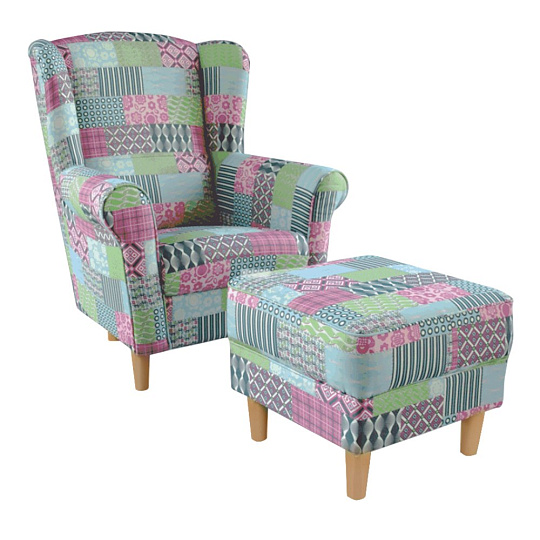 Křeslo ušák s taburetem, látka patchwork M1, ASTRID