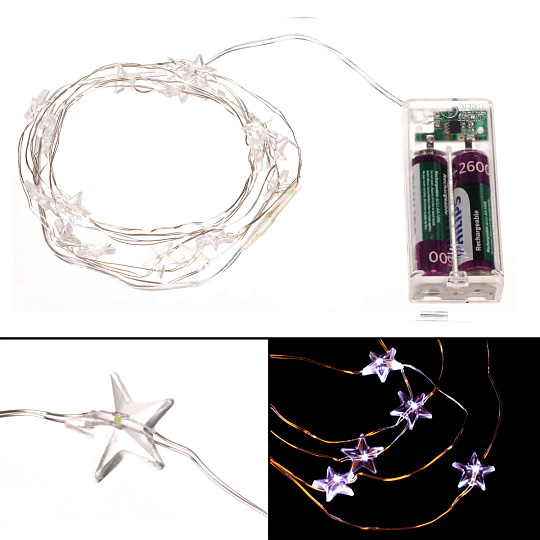 Řetěz s LED světýlky - časovač, hvězdičky, studená bílá barva, 2 m/20 LED