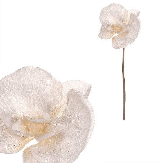 Orchidej - umělý květ na stonku, bílá se třpytkami