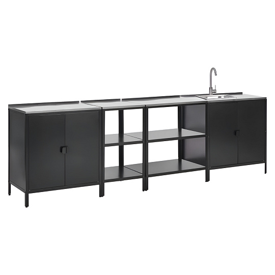 4-dílná zahradní kuchyňská linka s dřezem, kov, černá, INES